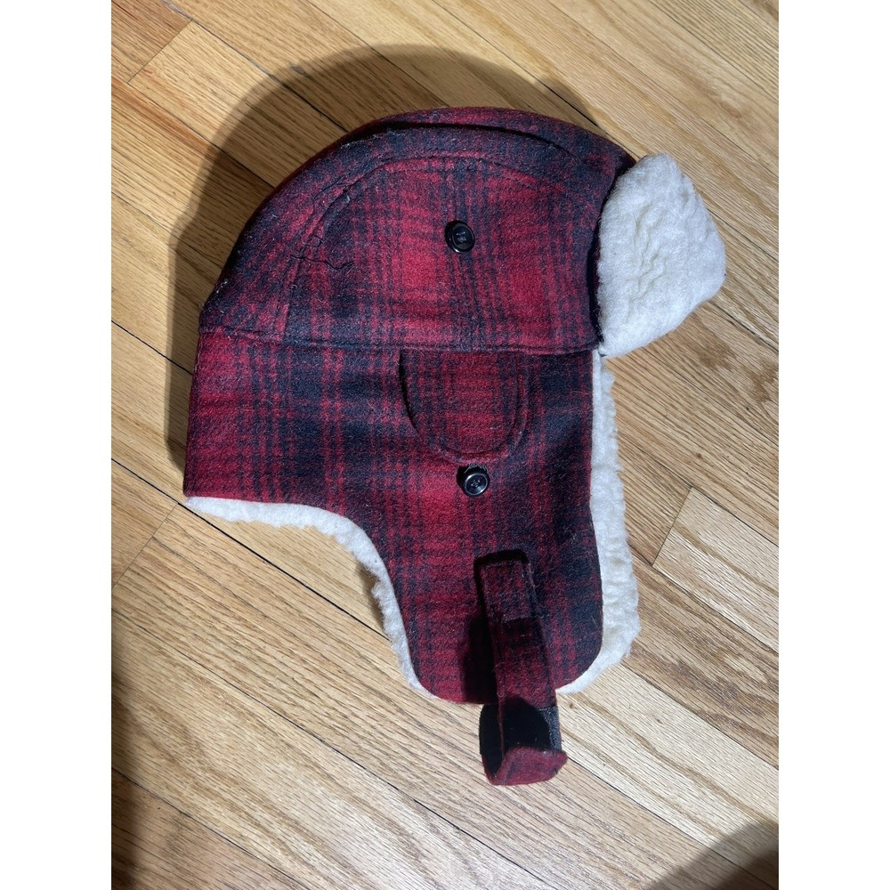 Vintage Woolrich Buffalo Plaid Shearling Hunting Trapper Hat Earflap Wool Size M